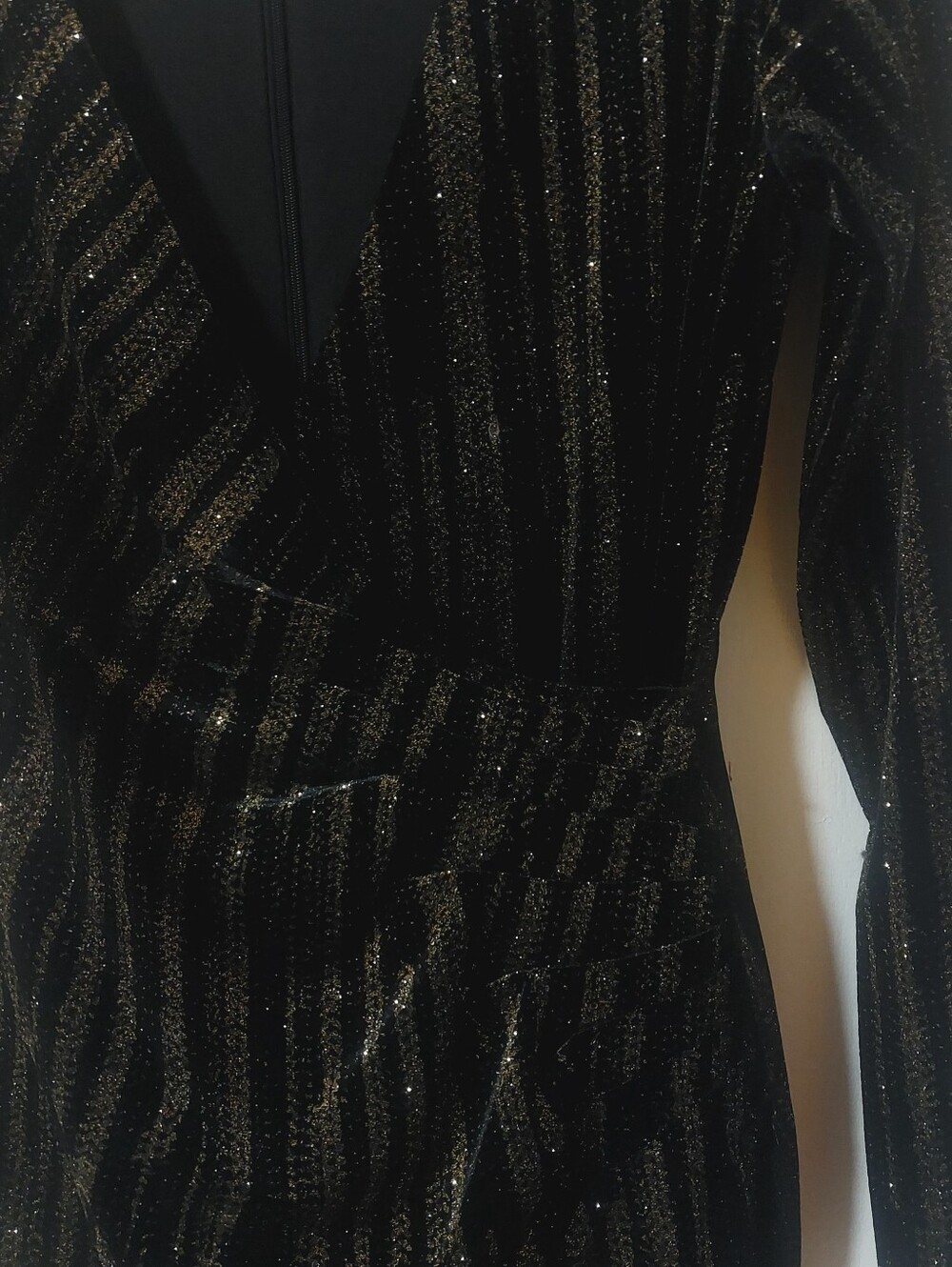 Calvin Klein Black and Gold Lurex Stripe Long Sleeve Wrap Dress